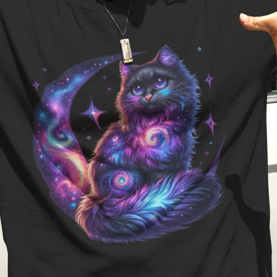 Celestial watercolor cat t-shirt – cosmic galaxy design closeup image