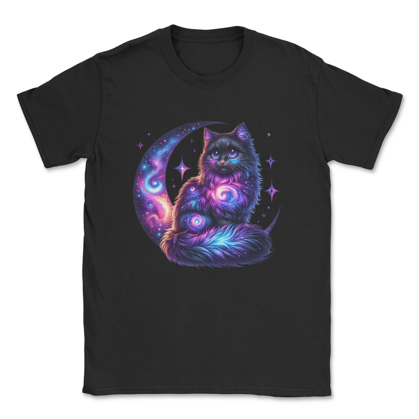 Celestial watercolor cat t-shirt – cosmic galaxy design cotton black