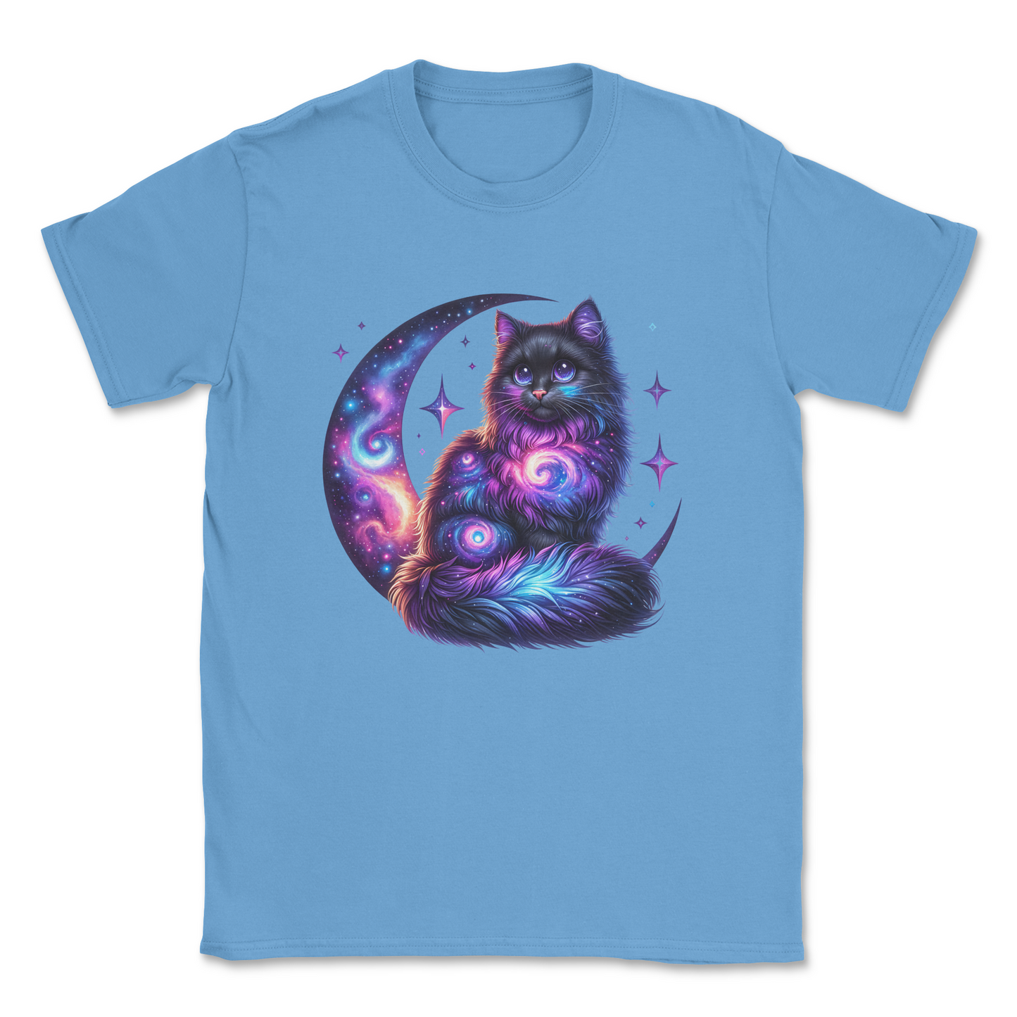 Celestial watercolor cat t-shirt – cosmic galaxy design cotton blue