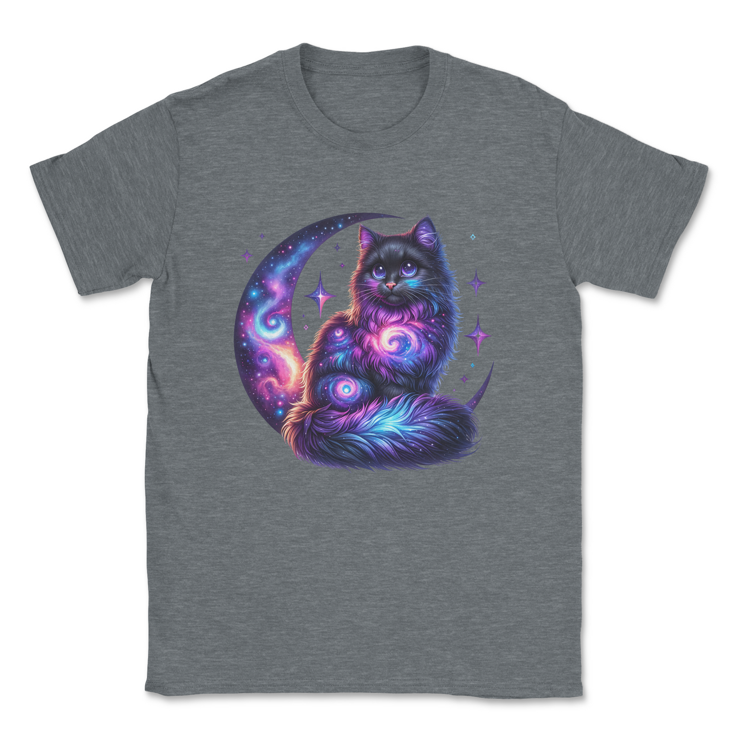 Celestial watercolor cat t-shirt – cosmic galaxy design cotton grey