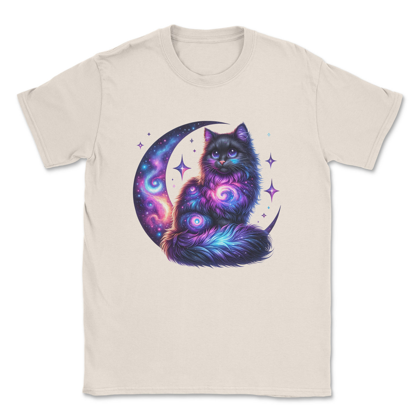 Celestial watercolor cat t-shirt – cosmic galaxy design cotton natural