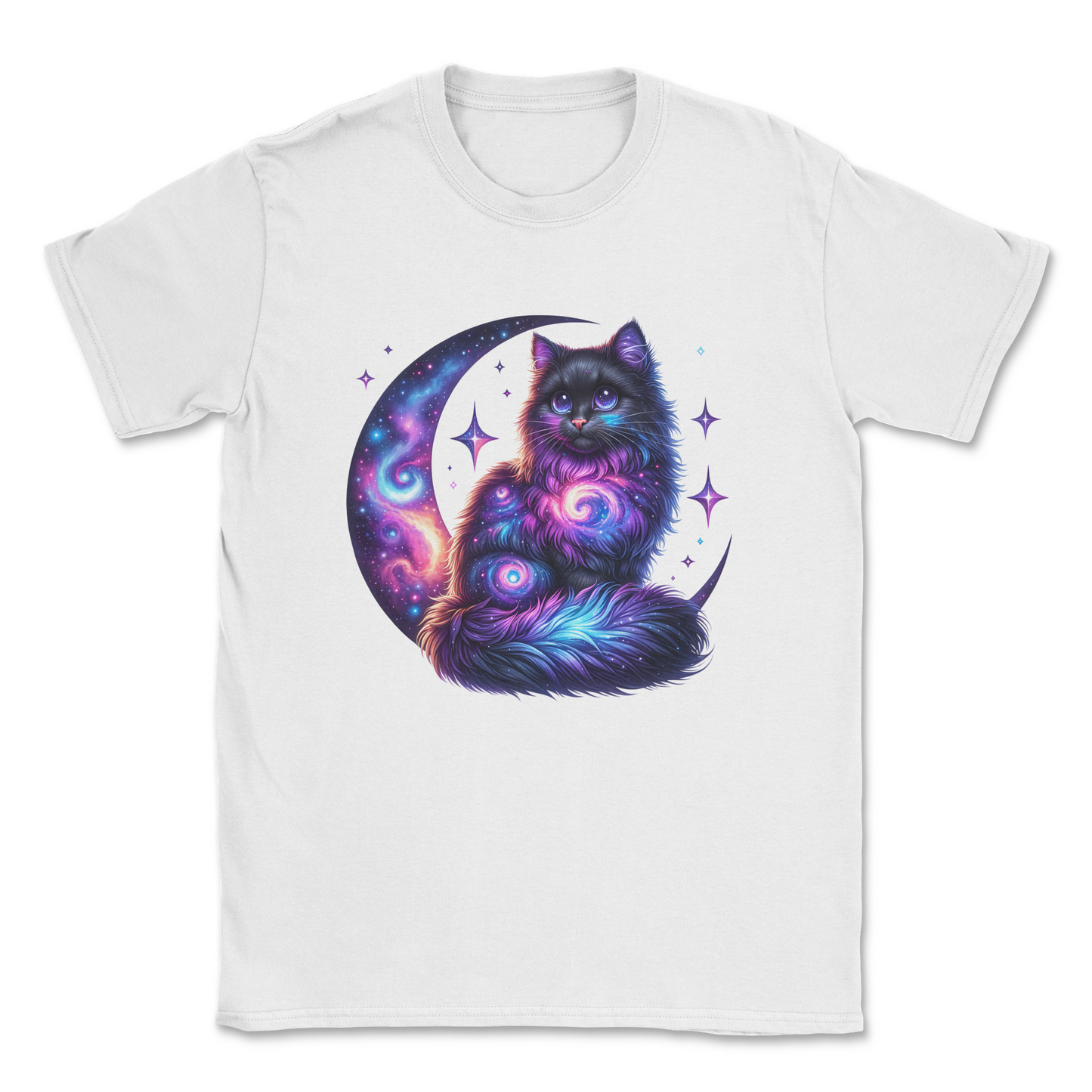 Celestial watercolor cat t-shirt – cosmic galaxy design cotton white