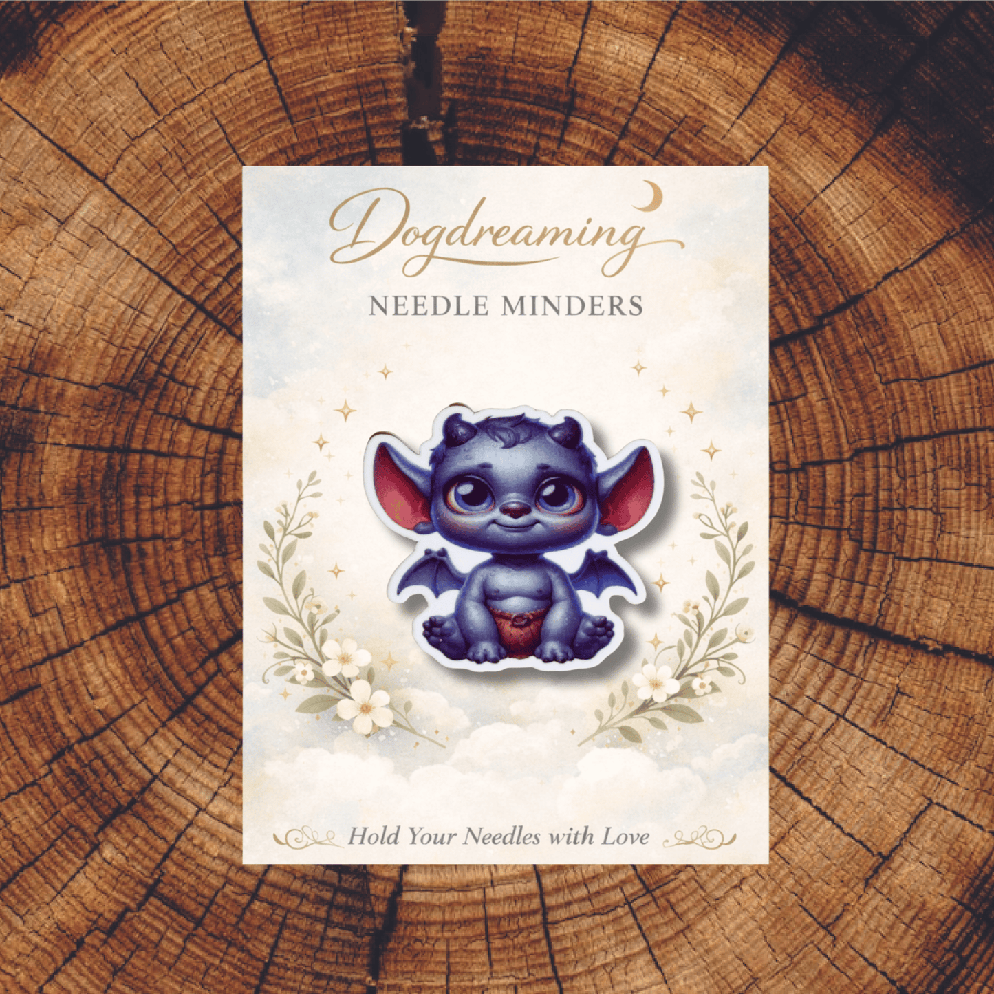 Kawaii baby gargoyle needle minder accessory for stitchers and embroiderers