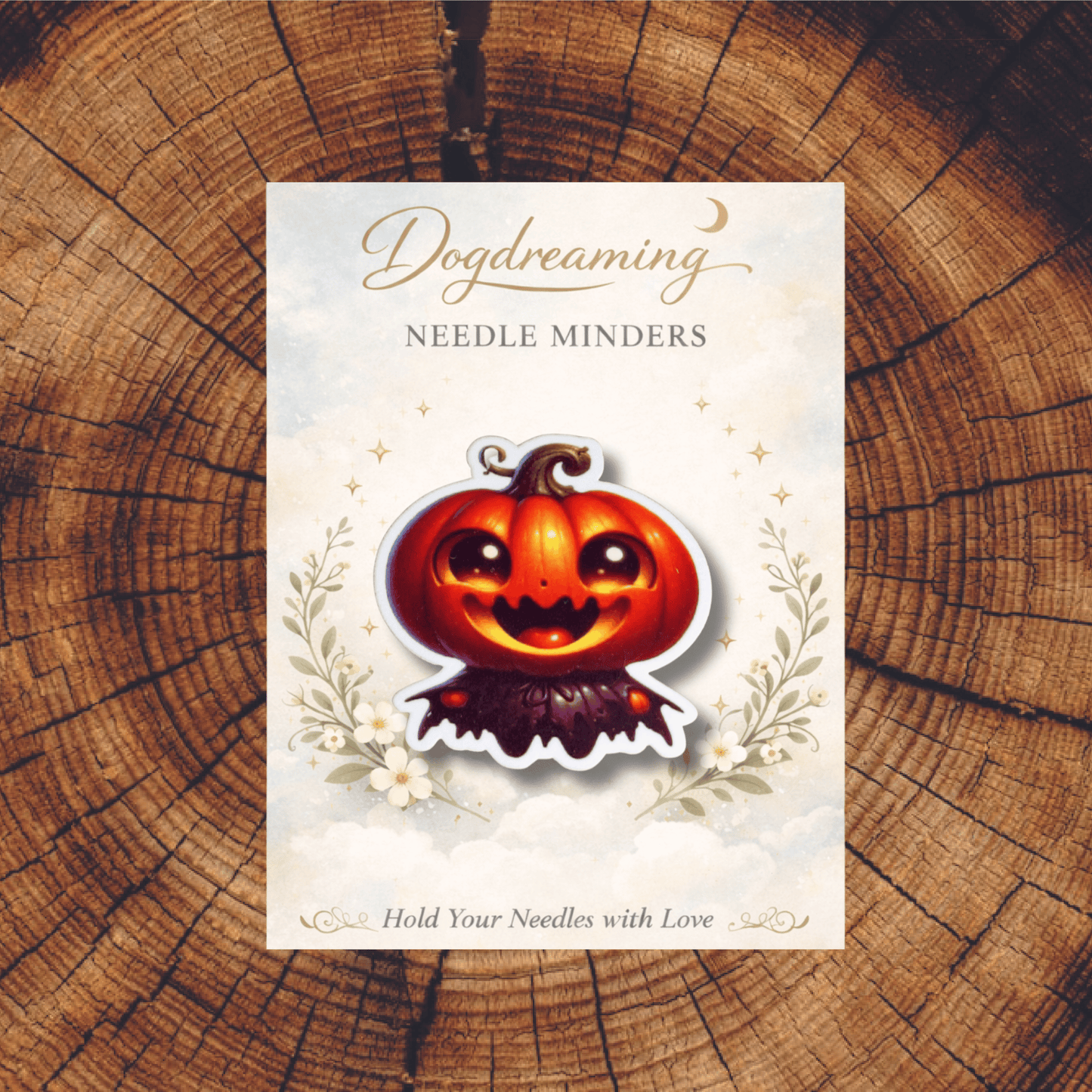 Kawaii jack o lantern needle minder accessory for stitchers and embroiderers