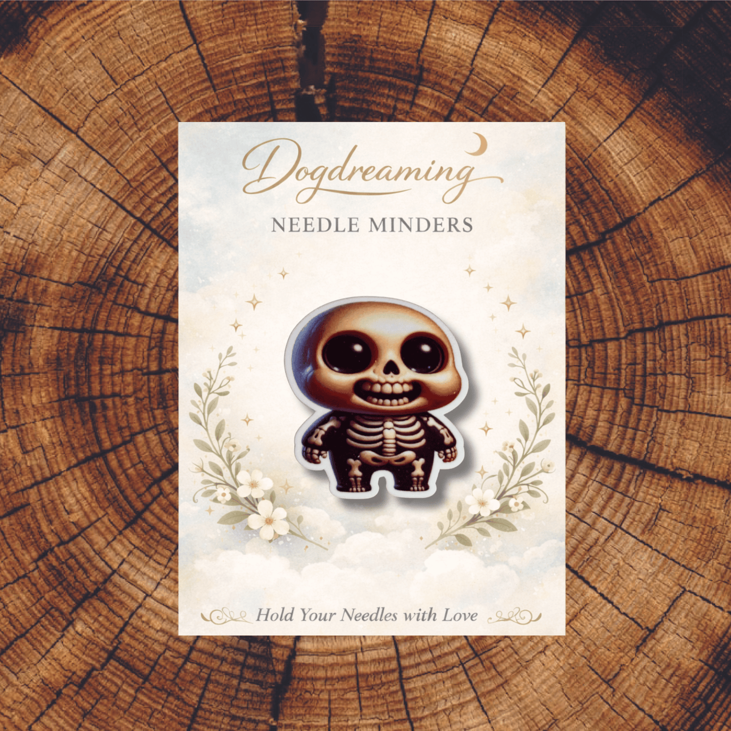 Kawaii little skeleton needle minder accessory for stitchers and embroiderers