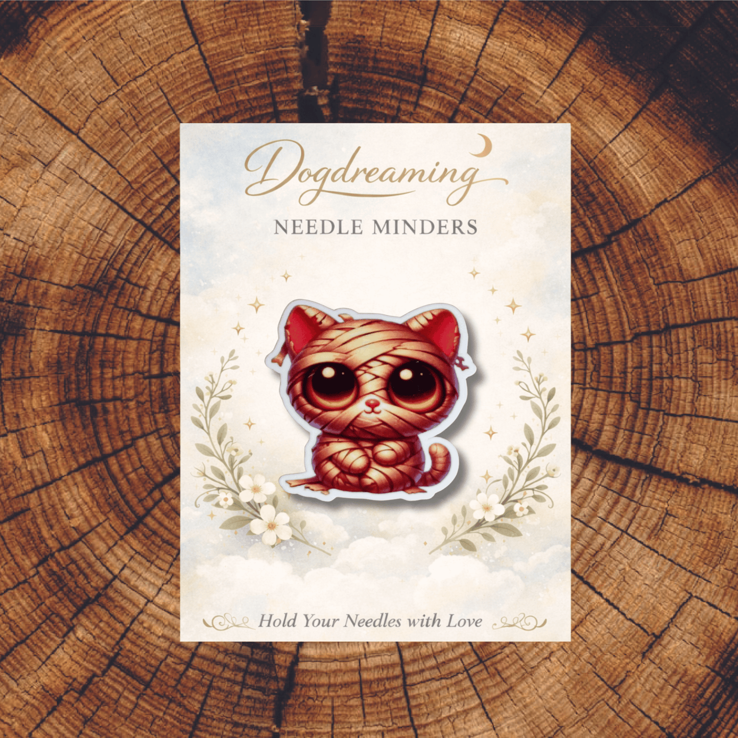 Kawaii mummy cat needle minder accessory for stitchers and embroiderers
