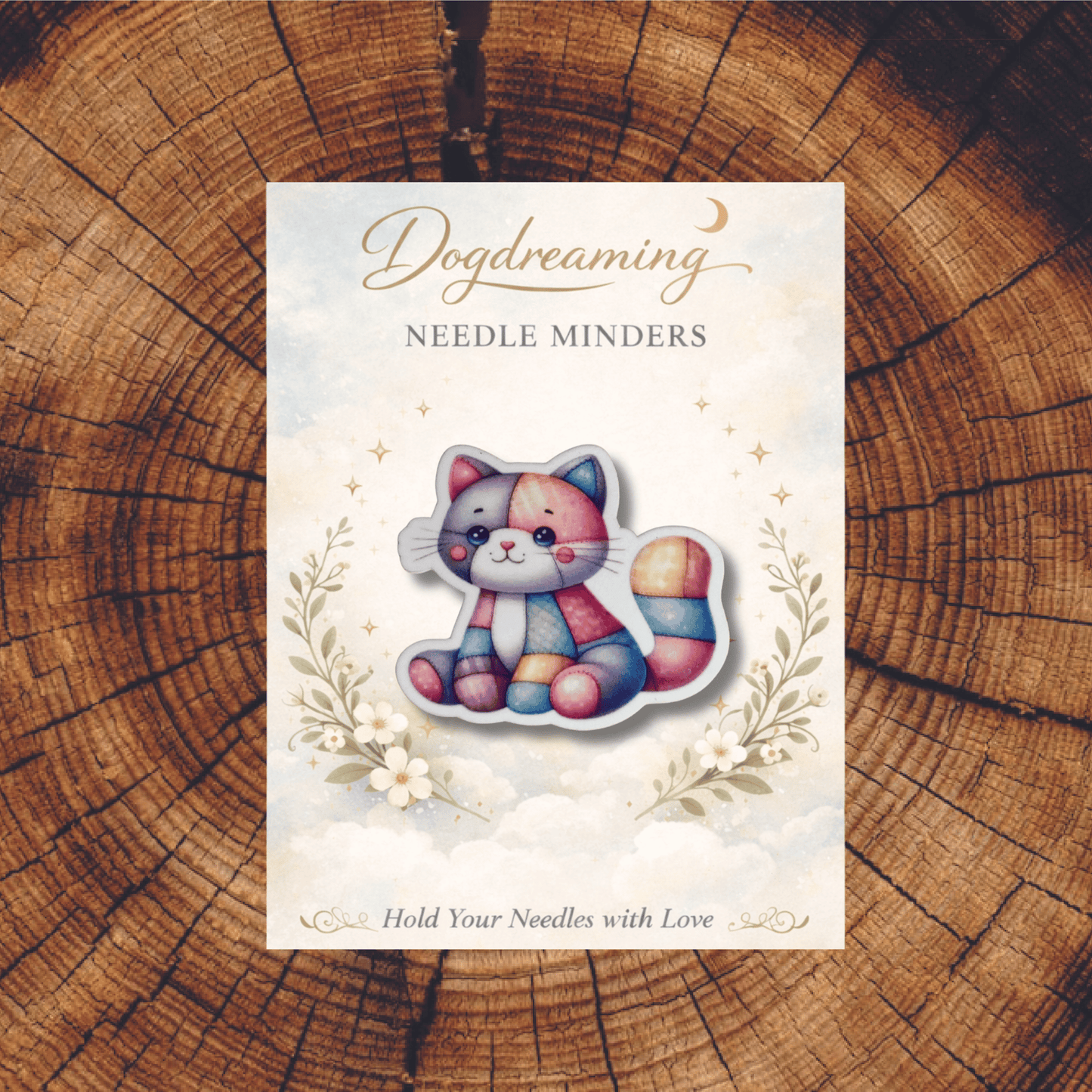 Giftable patchwork cat needle minder for cross stitch supplies