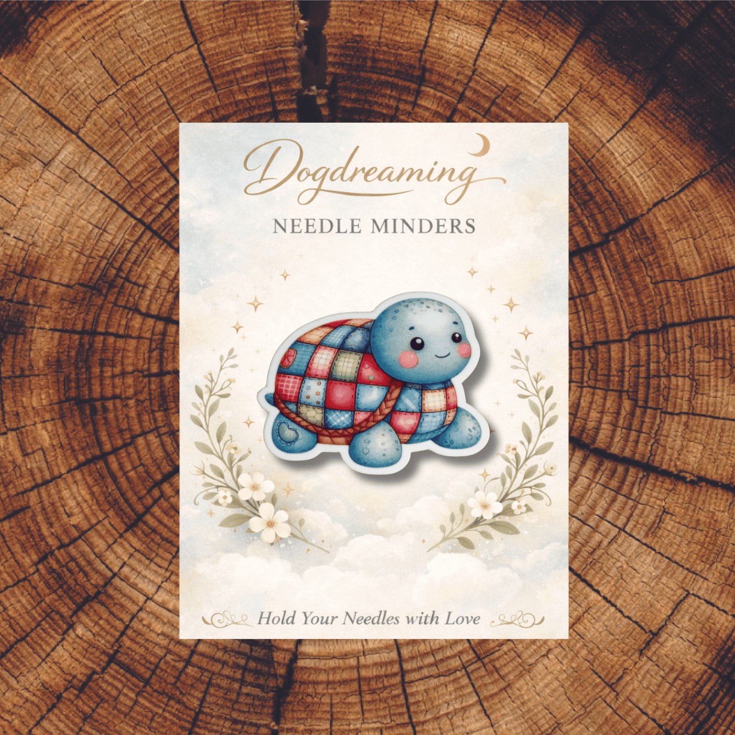 Giftable pastel turtle needle minder for cross stitch supplies