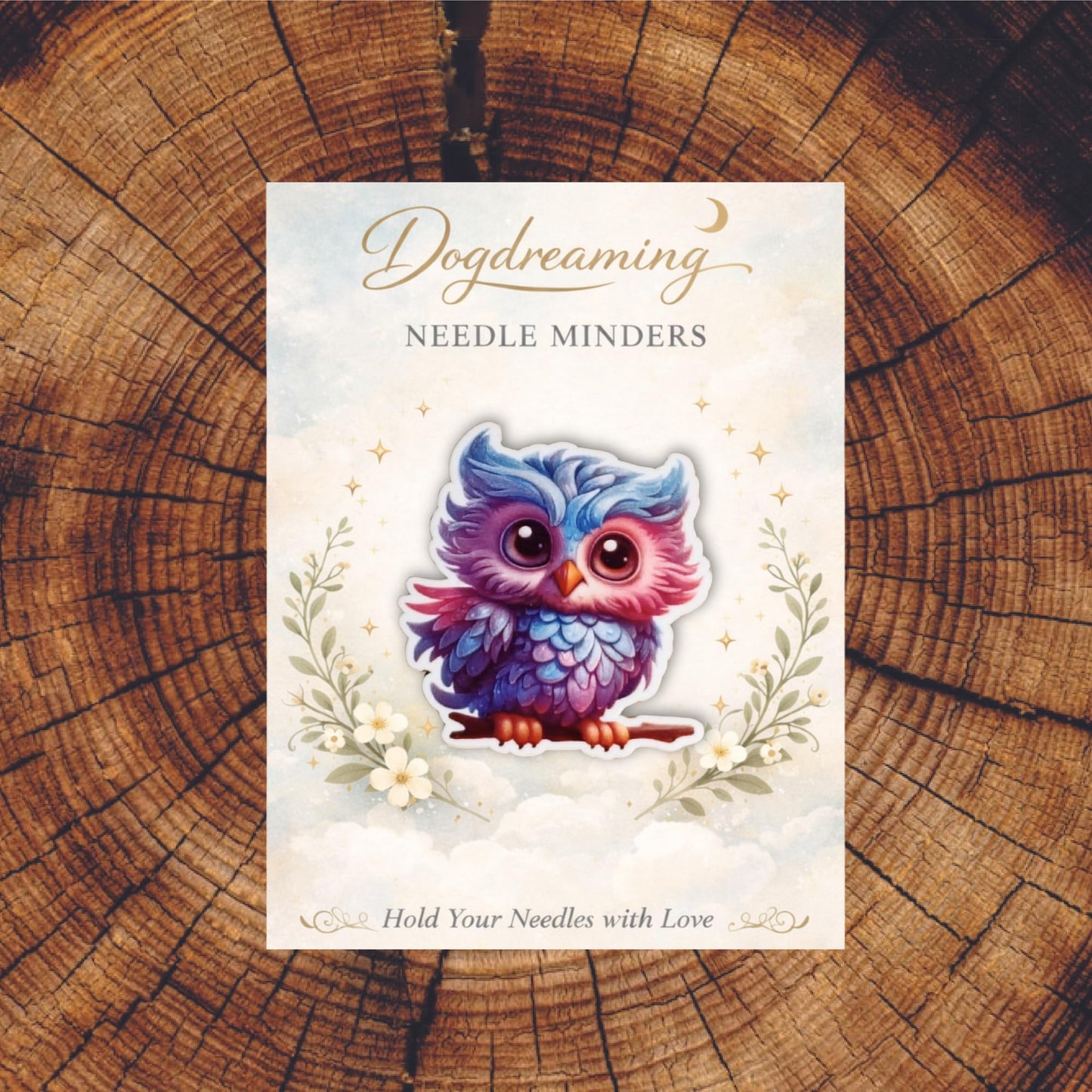 Vibrant baby owl cross stitch needle minder magnet gift for crafters