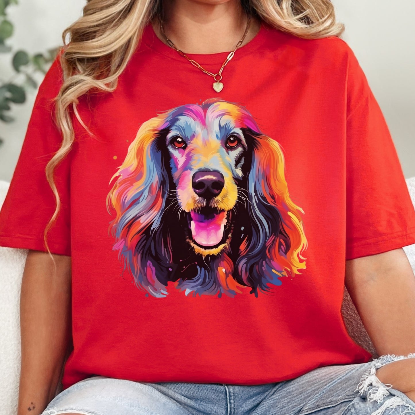 Afghan Hound Colorful short sleeve T-shirt Design Red