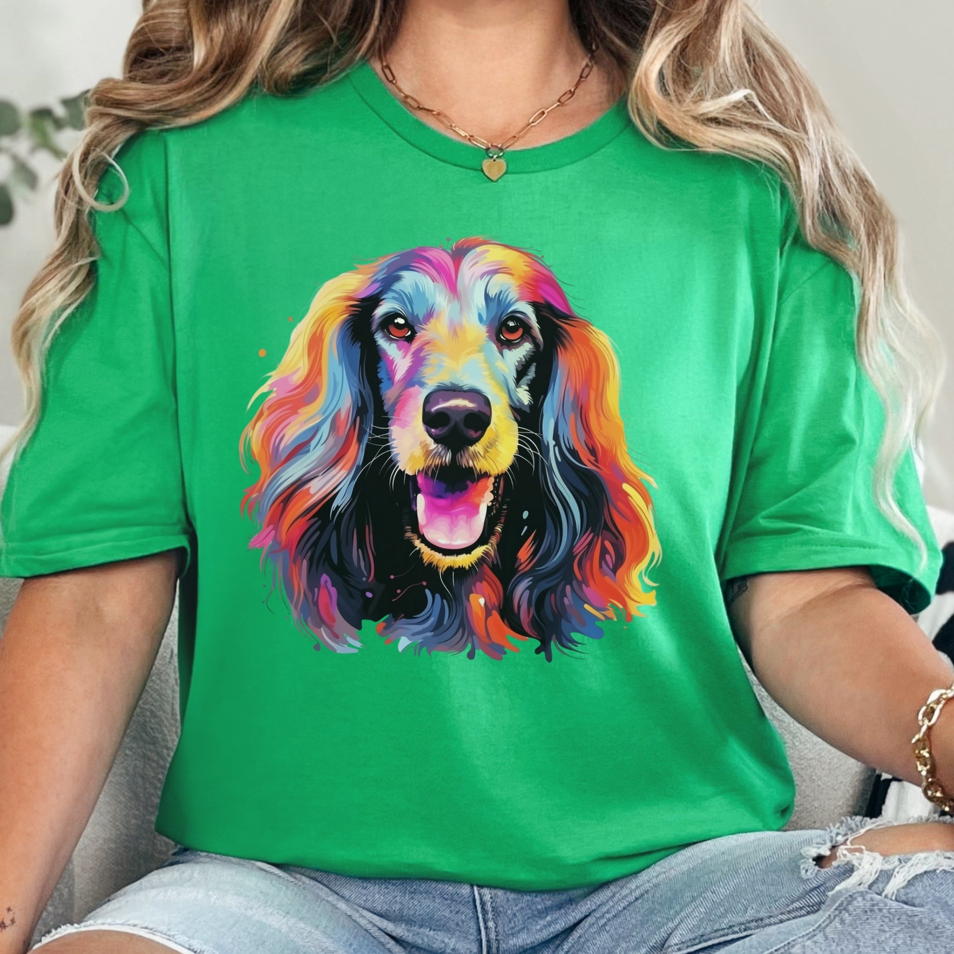 Afghan Hound Colorful short sleeve T-shirt Design Green