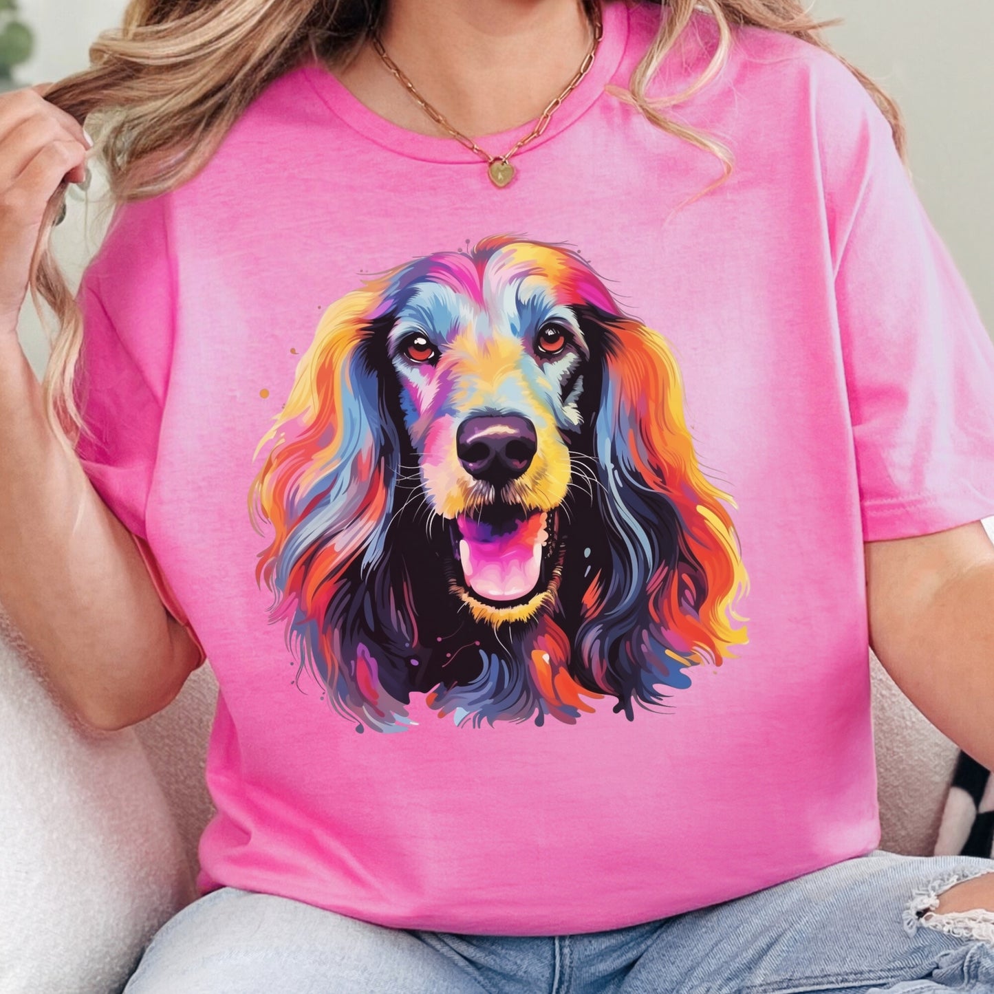 Afghan Hound Colorful short sleeve T-shirt Design Pink