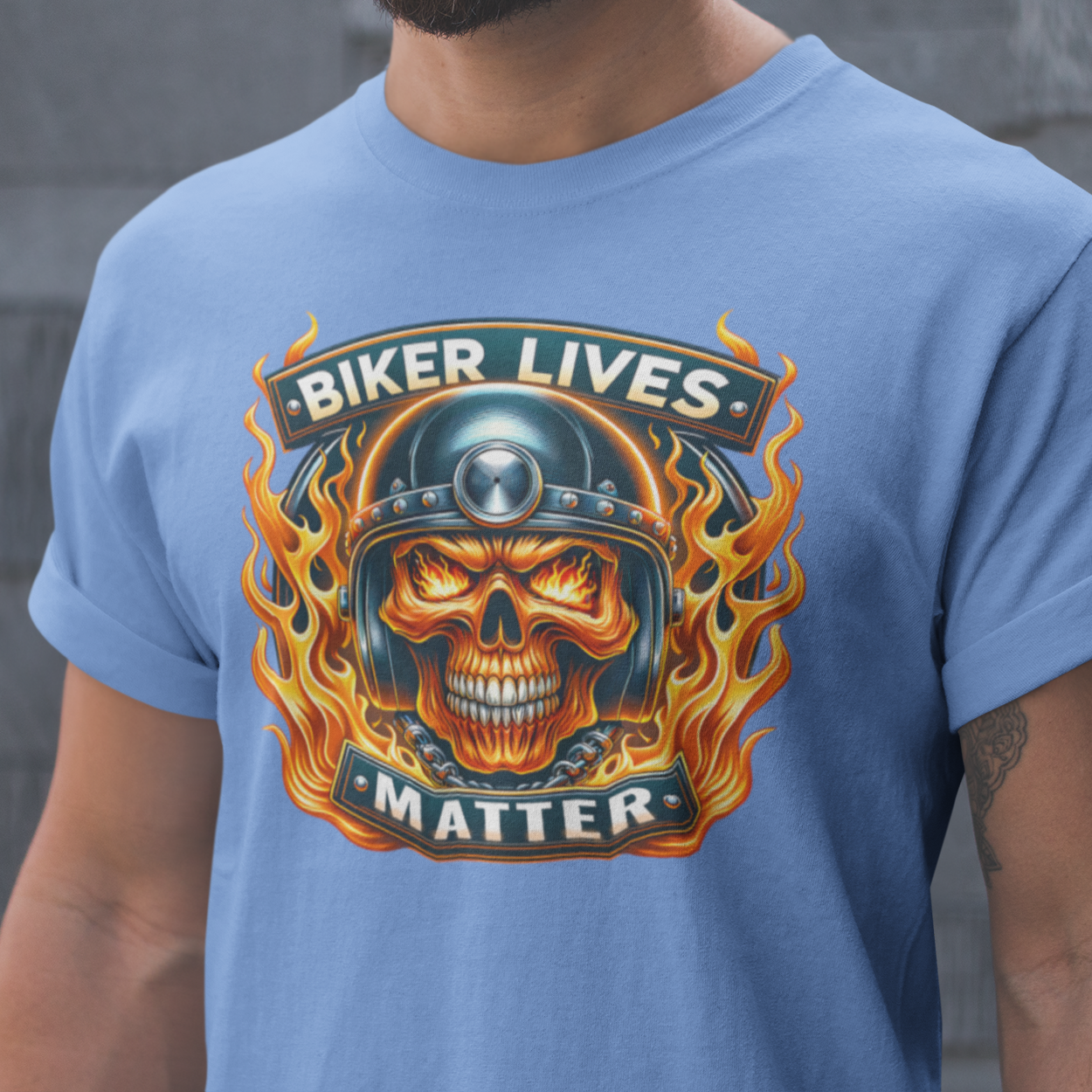 Biker Lives Matter T-Shirt with flaming skull design, motorcycle helmet, chains, and bold flames. Perfect for bikers and motorcycle enthusiasts.