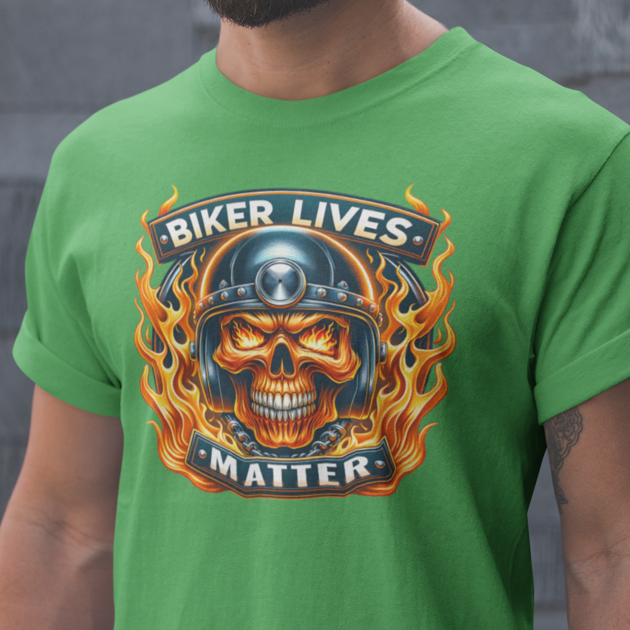 Biker Lives Matter T-Shirt with flaming skull design, motorcycle helmet, chains, and bold flames. Perfect for bikers and motorcycle enthusiasts.
