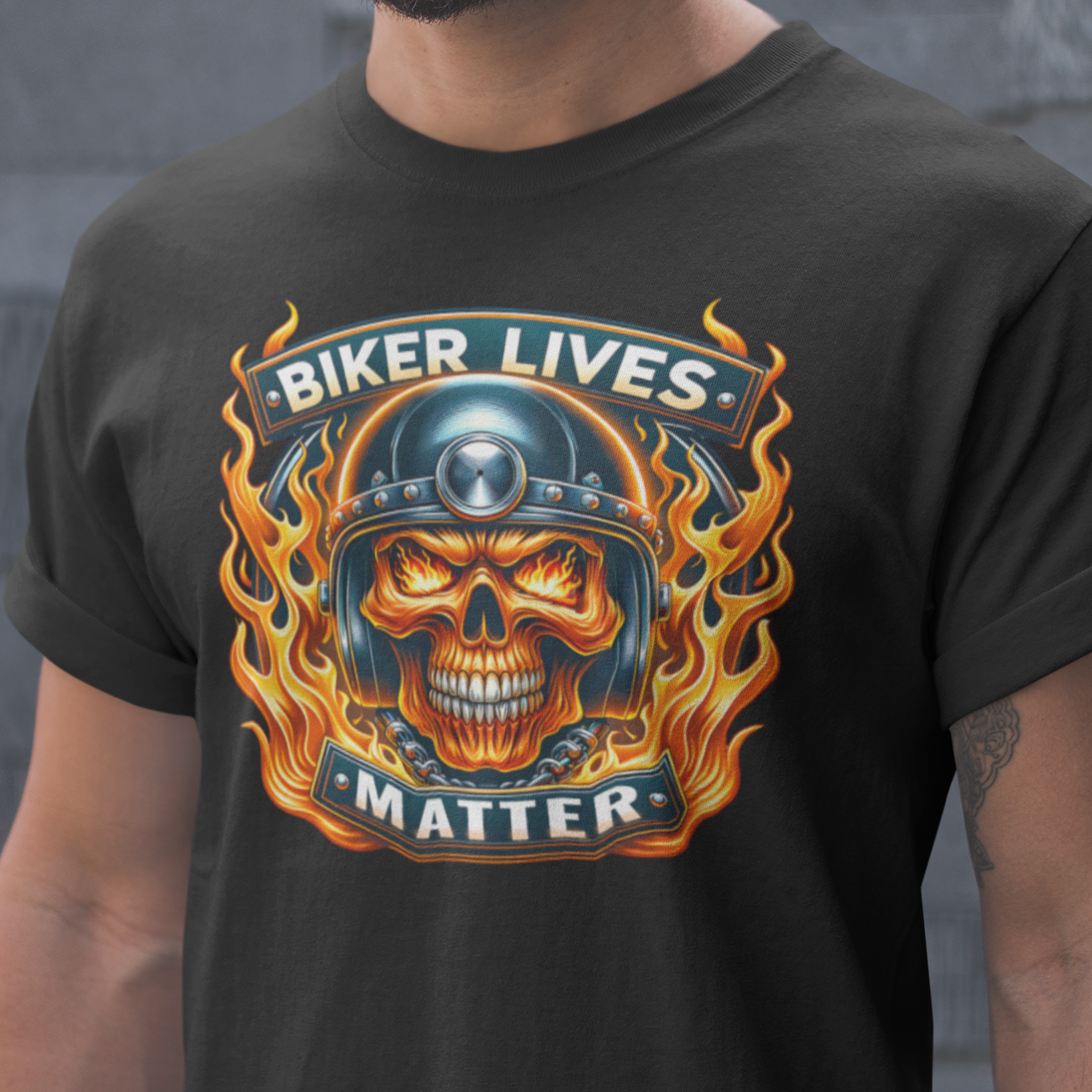 Biker Lives Matter T-Shirt with flaming skull design, motorcycle helmet, chains, and bold flames. Perfect for bikers and motorcycle enthusiasts.