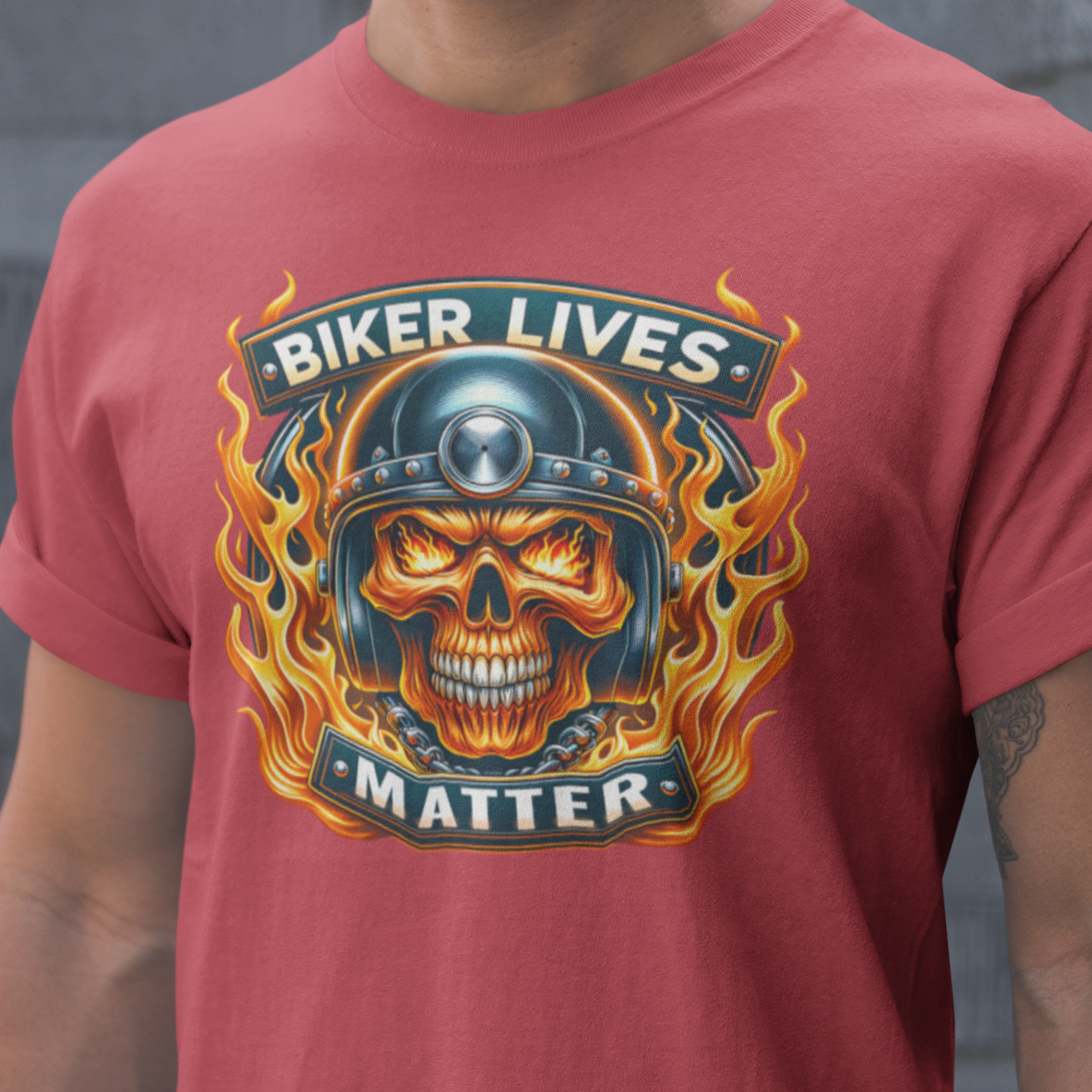 Biker Lives Matter T-Shirt with flaming skull design, motorcycle helmet, chains, and bold flames. Perfect for bikers and motorcycle enthusiasts.