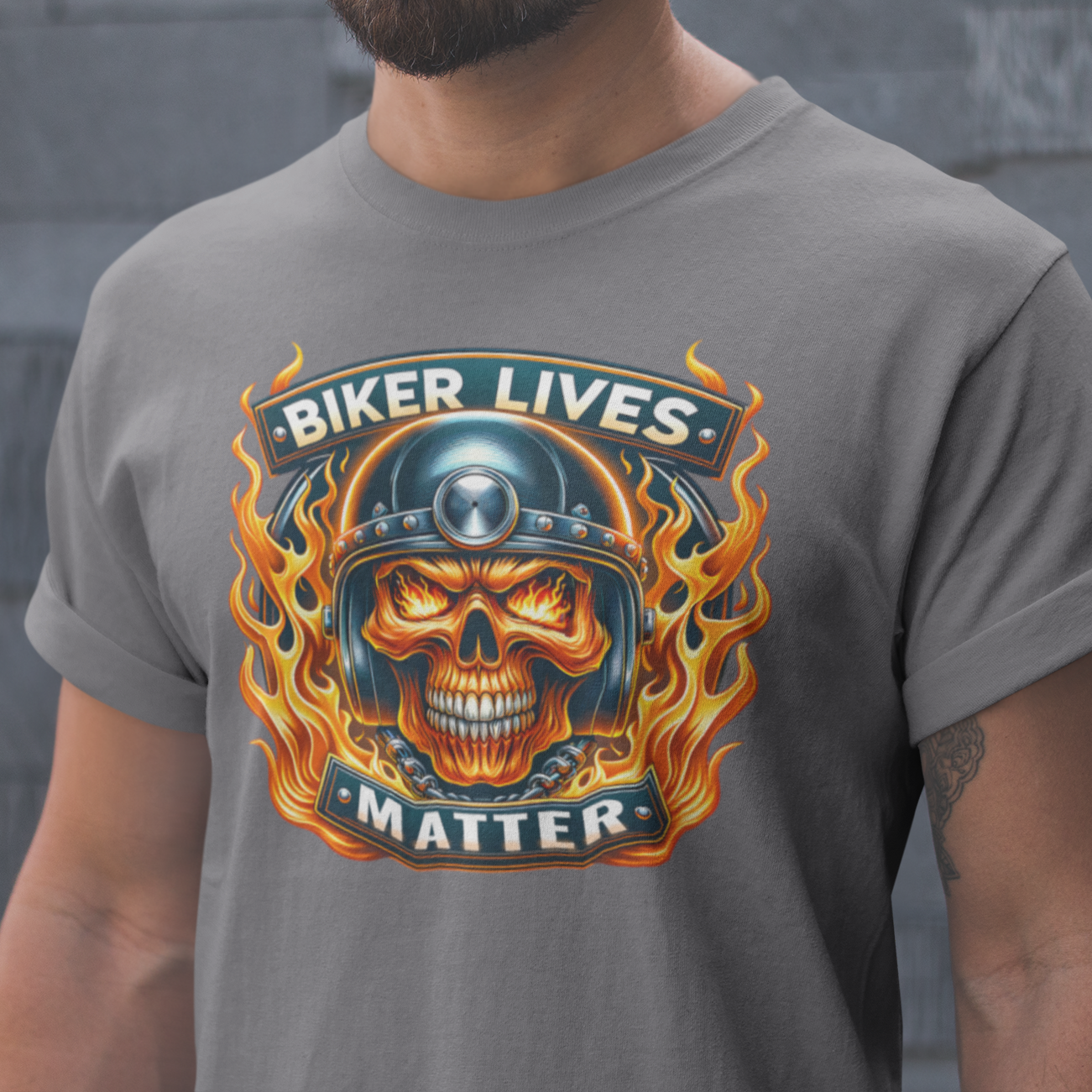 Biker Lives Matter T-Shirt with flaming skull design, motorcycle helmet, chains, and bold flames. Perfect for bikers and motorcycle enthusiasts.