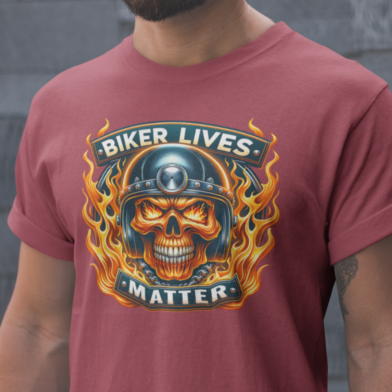 Biker Lives Matter T-Shirt with flaming skull design, motorcycle helmet, chains, and bold flames. Perfect for bikers and motorcycle enthusiasts.