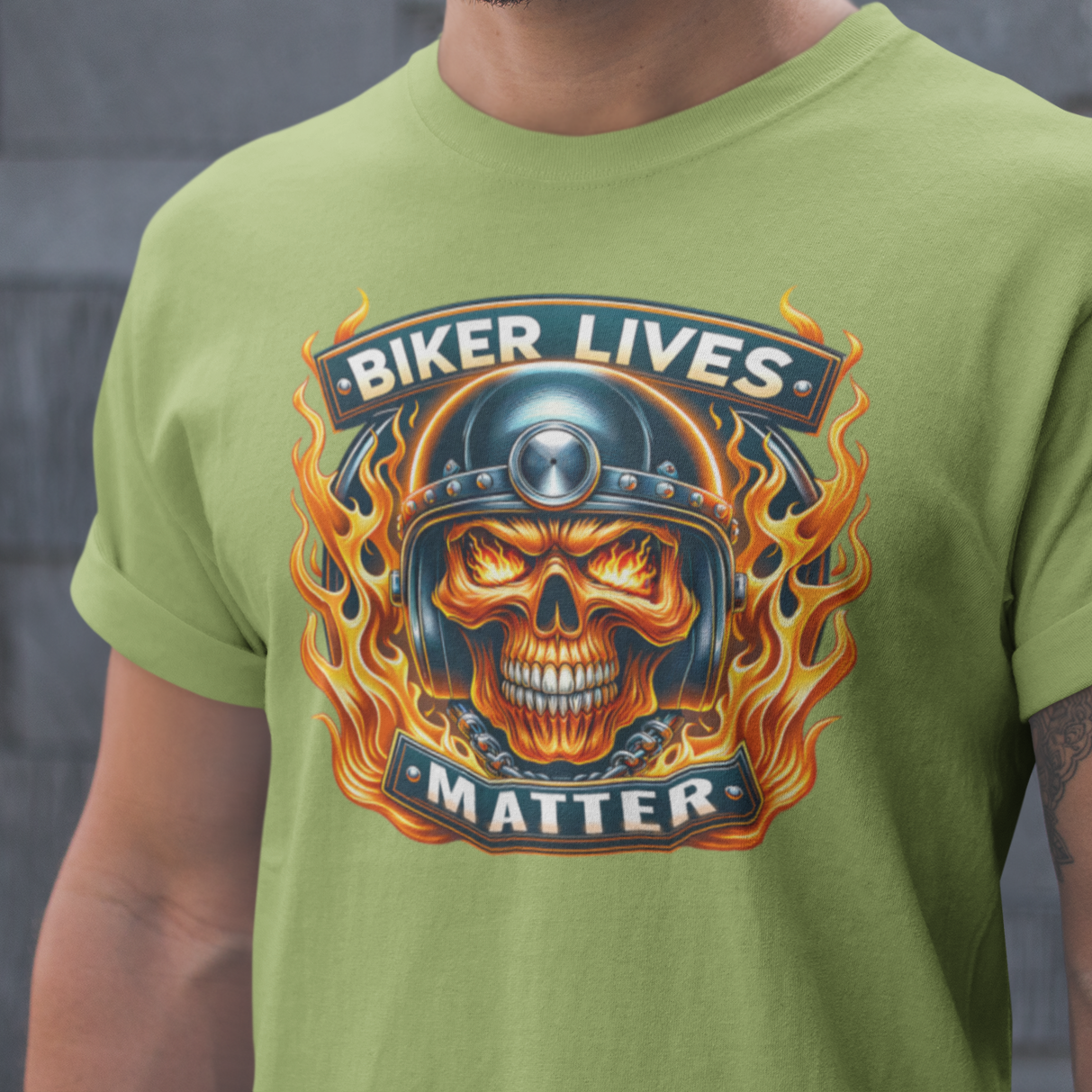 Biker Lives Matter T-Shirt with flaming skull design, motorcycle helmet, chains, and bold flames. Perfect for bikers and motorcycle enthusiasts.