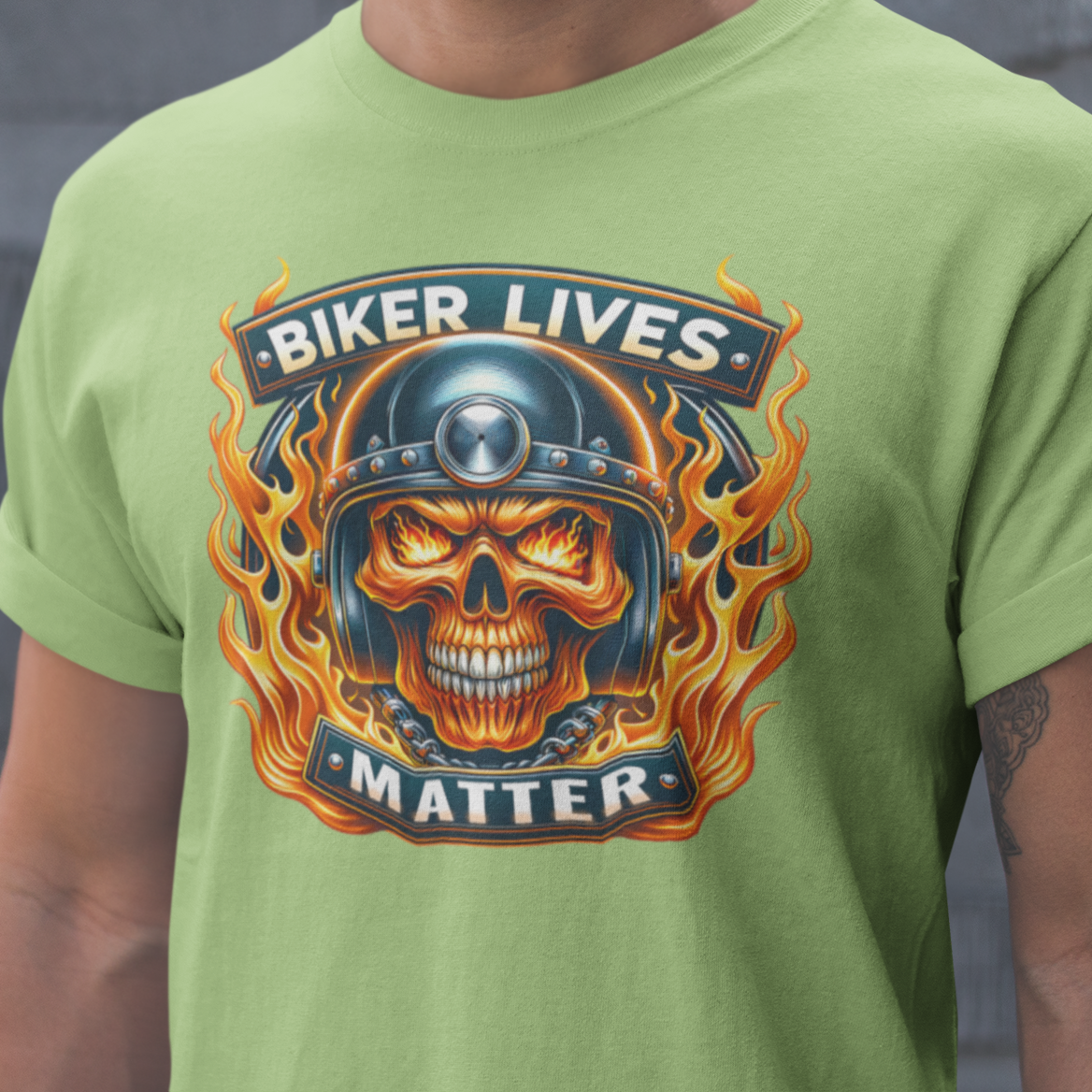 Biker Lives Matter T-Shirt with flaming skull design, motorcycle helmet, chains, and bold flames. Perfect for bikers and motorcycle enthusiasts.