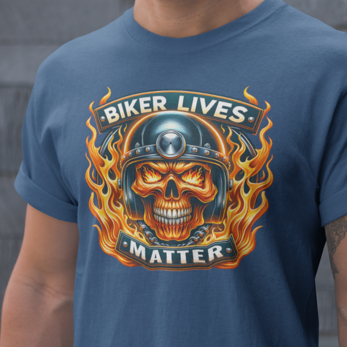 Biker Lives Matter T-Shirt with flaming skull design, motorcycle helmet, chains, and bold flames. Perfect for bikers and motorcycle enthusiasts.