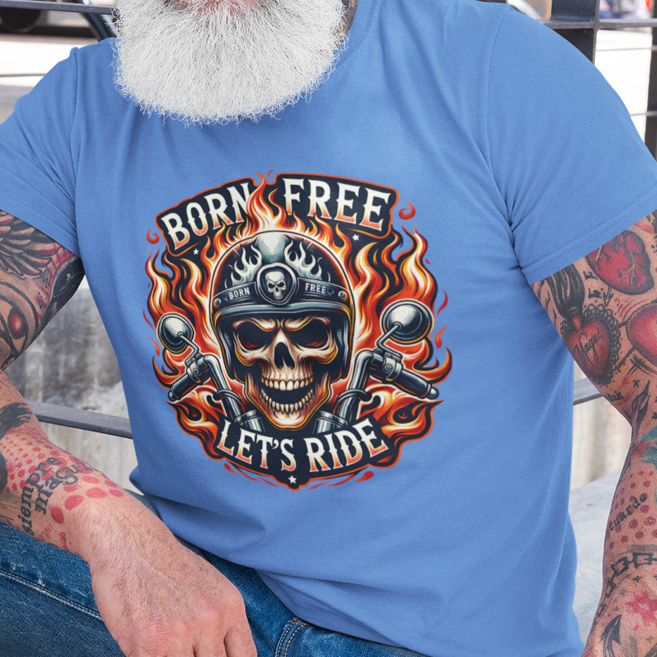 Born Free Let’s Ride biker t-shirt with flaming skull, motorcycle handlebars, and fire background Carolina blue