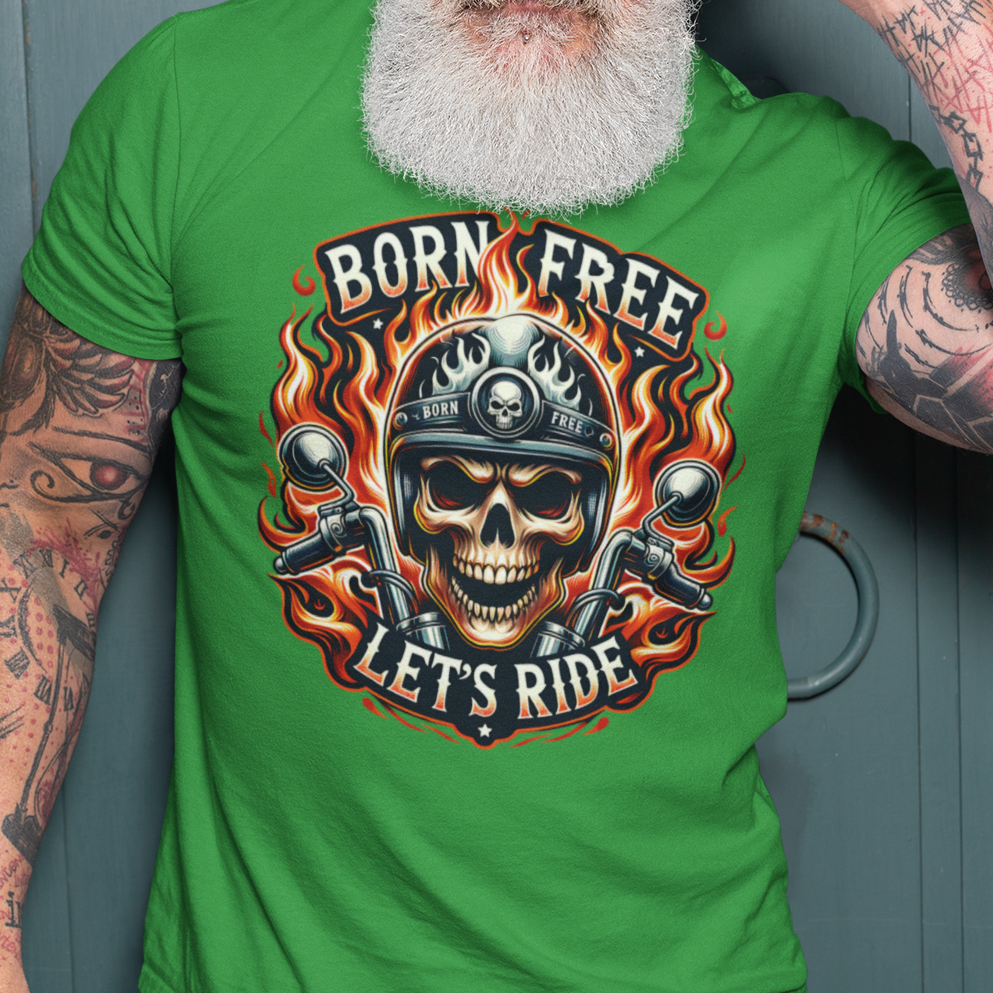 Born Free Let’s Ride biker t-shirt with flaming skull, motorcycle handlebars, and fire background irish green