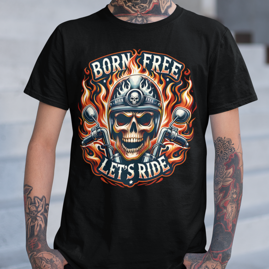 Born Free Let’s Ride biker t-shirt with flaming skull, motorcycle handlebars, and fire background black