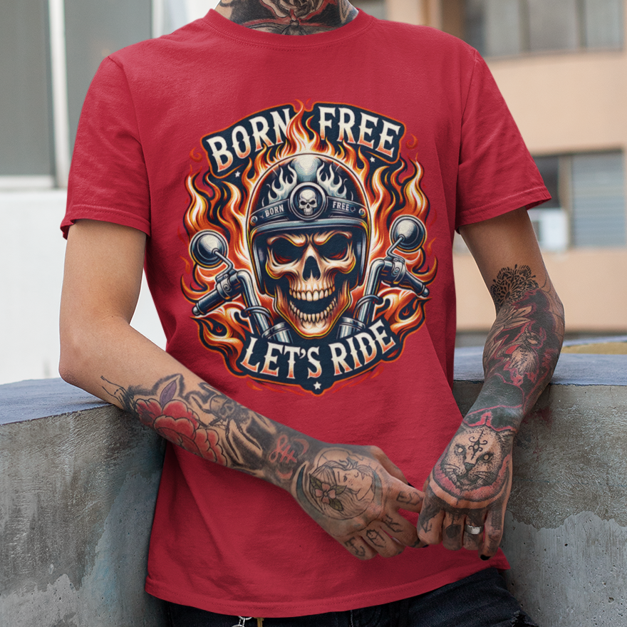 Born Free Let’s Ride biker t-shirt with flaming skull, motorcycle handlebars, and fire background cardinal red