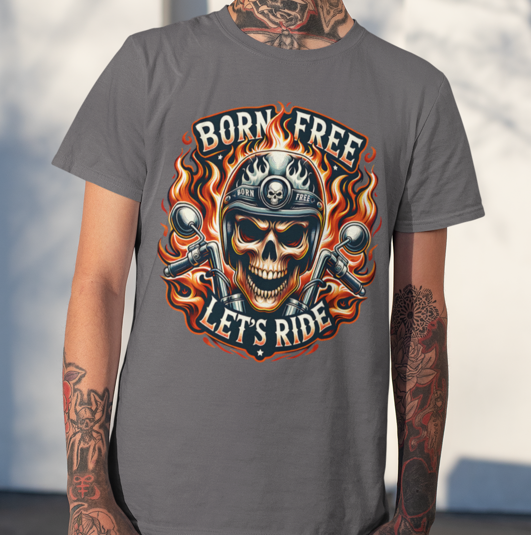 Born Free Let’s Ride biker t-shirt with flaming skull, motorcycle handlebars, and fire background charcoal grey