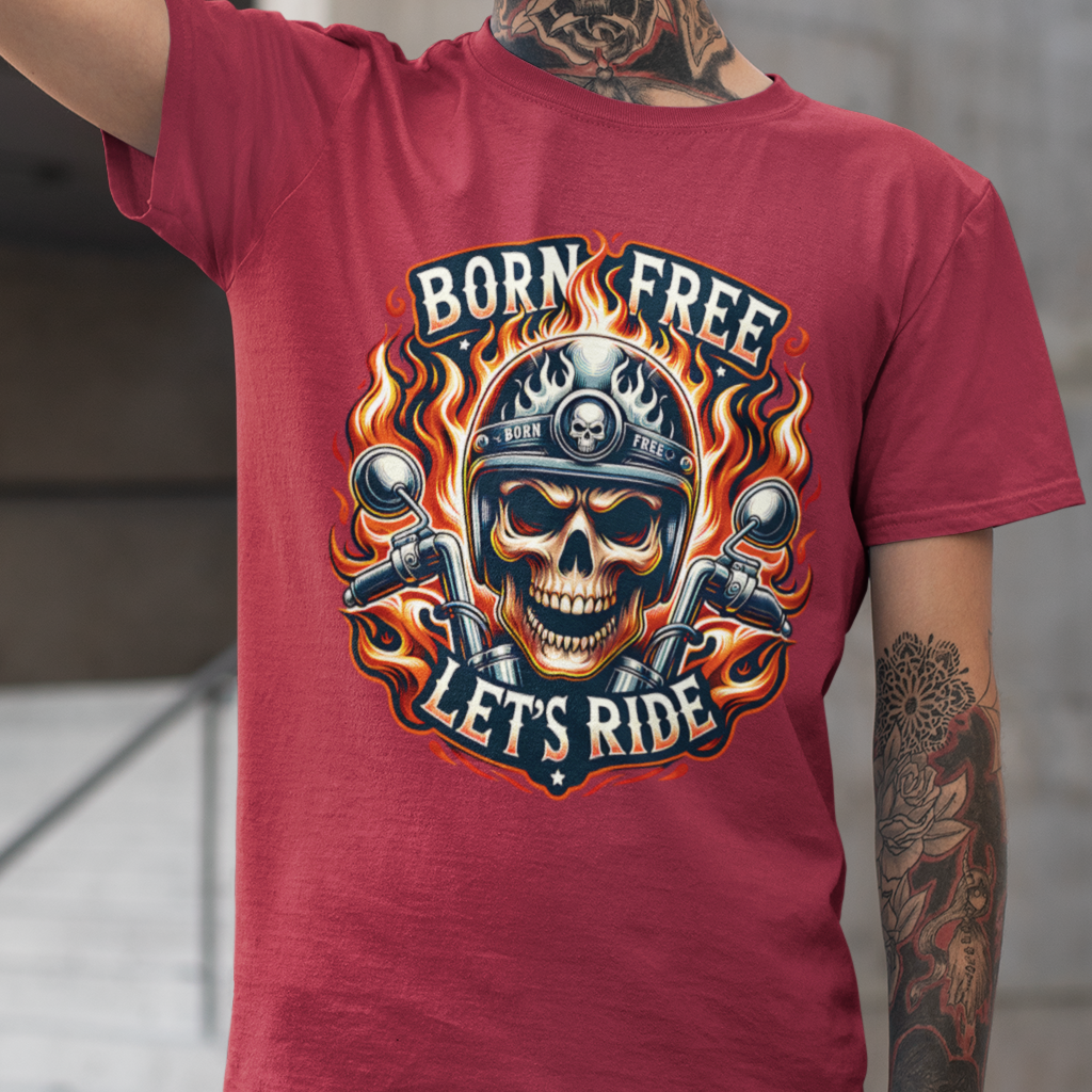 Born Free Let’s Ride biker t-shirt with flaming skull, motorcycle handlebars, and fire background cherry red