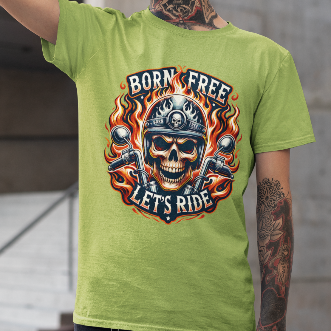 Born Free Let’s Ride biker t-shirt with flaming skull, motorcycle handlebars, and fire background kiwi green
