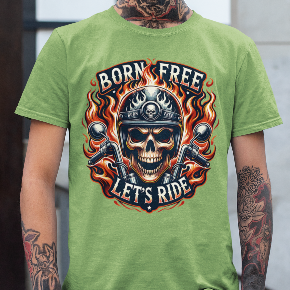 Born Free Let’s Ride biker t-shirt with flaming skull, motorcycle handlebars, and fire background lime green