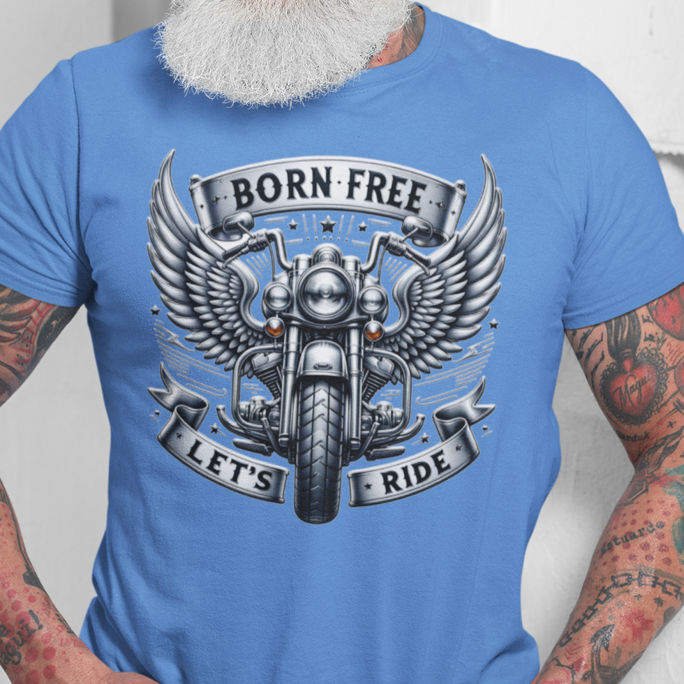 Born Free Let’s Ride t-shirt graphic with winged motorcycle and chrome banner design Carolina blue