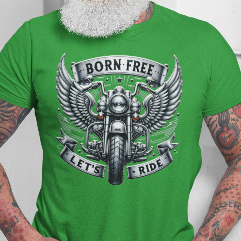 Born Free Let’s Ride t-shirt graphic with winged motorcycle and chrome banner design Irish green