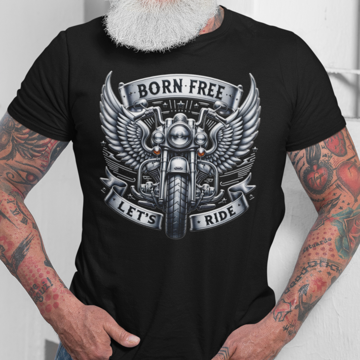 Born Free Let’s Ride t-shirt graphic with winged motorcycle and chrome banner design black