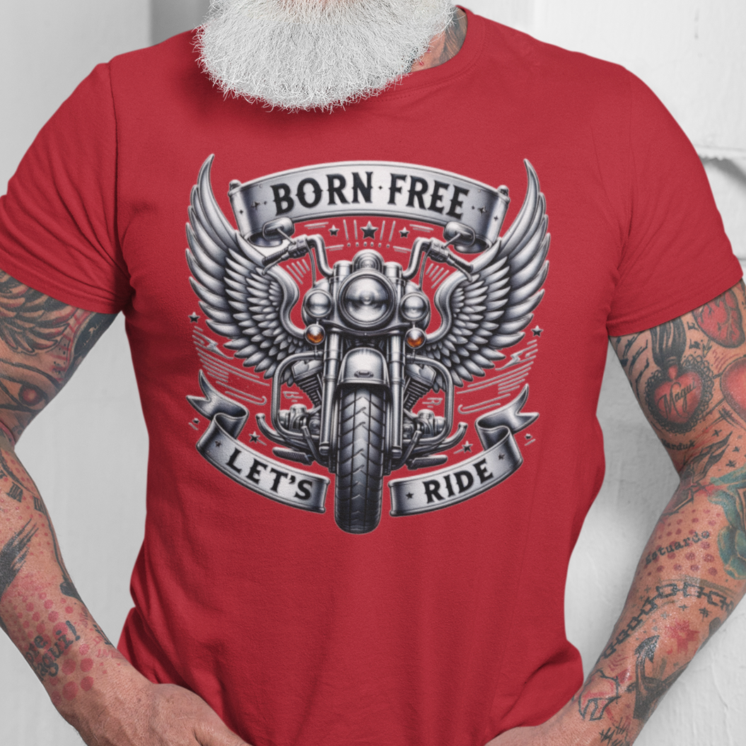 Born Free Let’s Ride t-shirt graphic with winged motorcycle and chrome banner design cardinal red