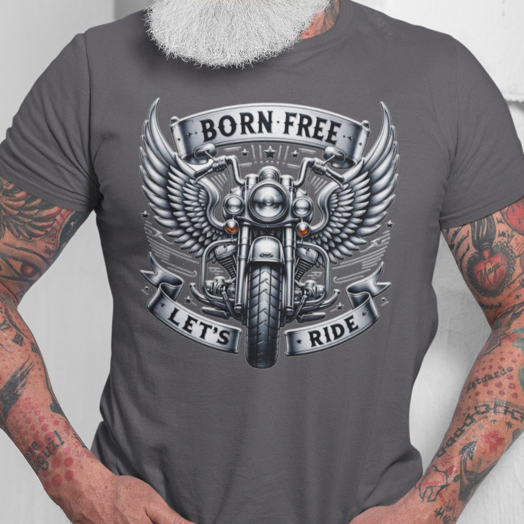 Born Free Let’s Ride t-shirt graphic with winged motorcycle and chrome banner design charcoal grey
