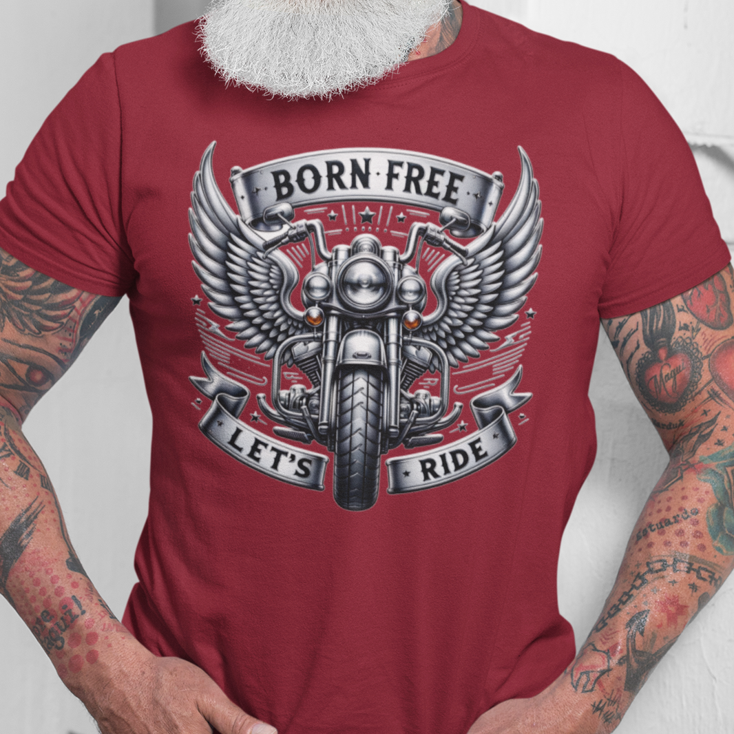 Born Free Let’s Ride t-shirt graphic with winged motorcycle and chrome banner design cherry red
