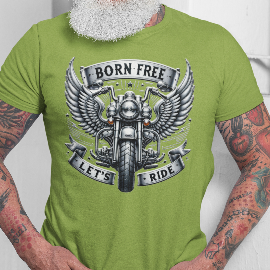 Born Free Let’s Ride t-shirt graphic with winged motorcycle and chrome banner design kiwi green