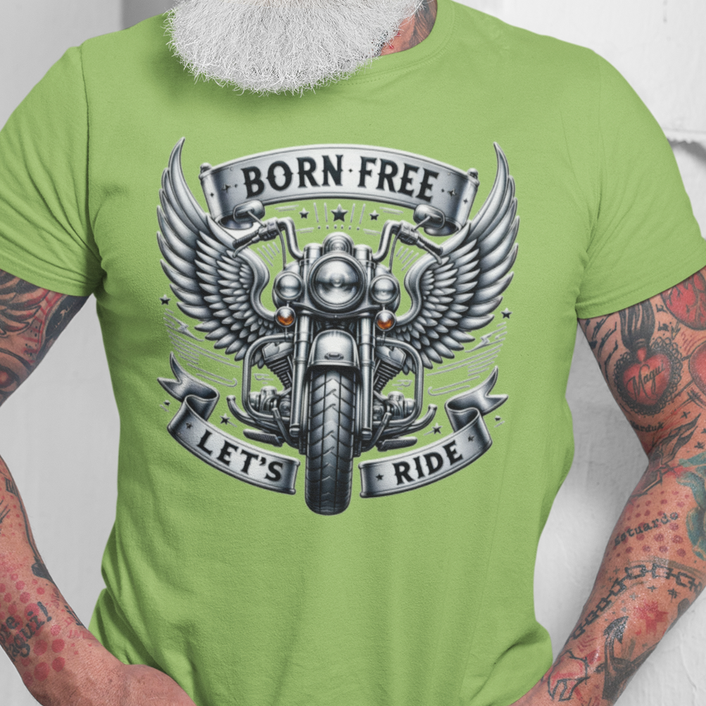 Born Free Let’s Ride t-shirt graphic with winged motorcycle and chrome banner design lime green