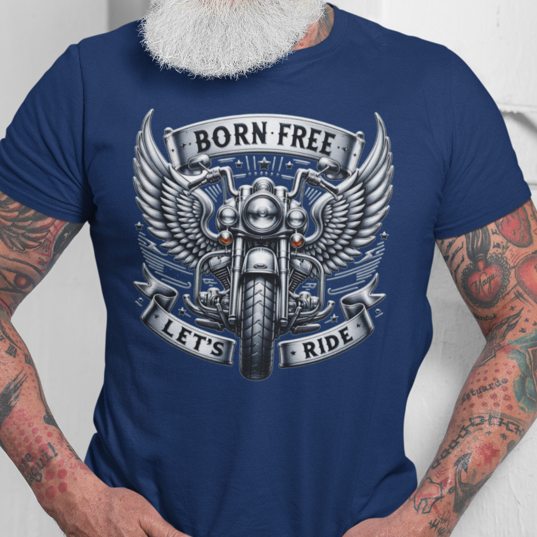 Born Free Let’s Ride t-shirt graphic with winged motorcycle and chrome banner design royal blue