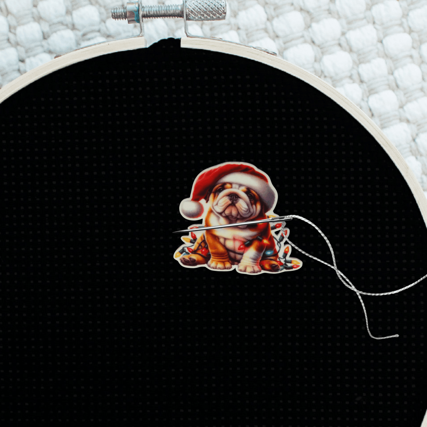 Bulldog with Santa Hat Needle Minder Magnet, Cute Christmas Dog Embroidery Accessory