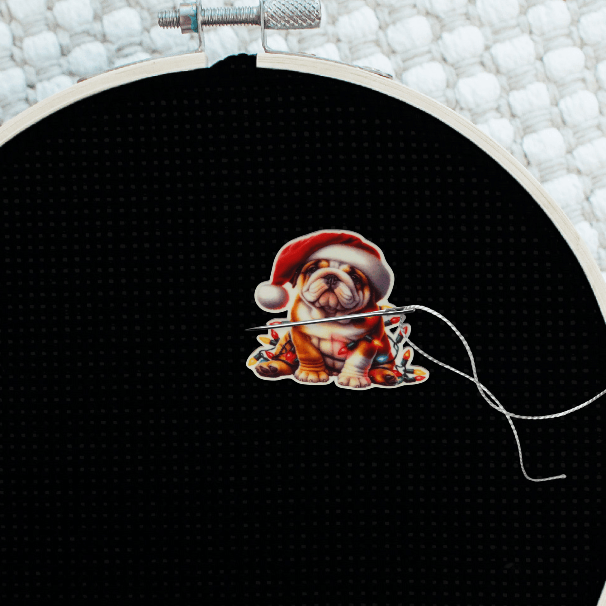 Bulldog with Santa Hat Needle Minder Magnet, Cute Christmas Dog Embroidery Accessory