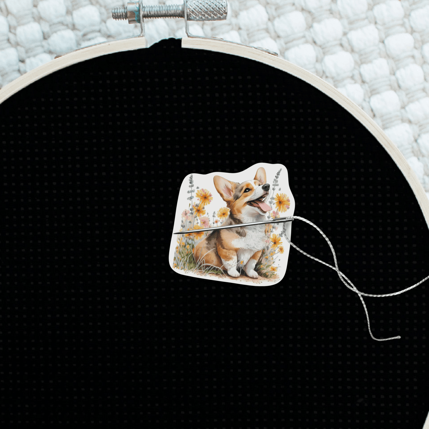 Corgi with Flowers Needle Minder Magnet, Cute Dog Embroidery Accessory for Cross Stitch and Needlepoint