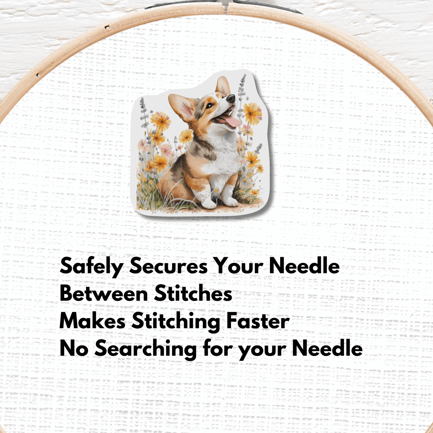 Cute Corgi Magnetic Needle Minder with Spring Flowers, Cross Stitch Needle Holder for Embroidery and Needlepoint