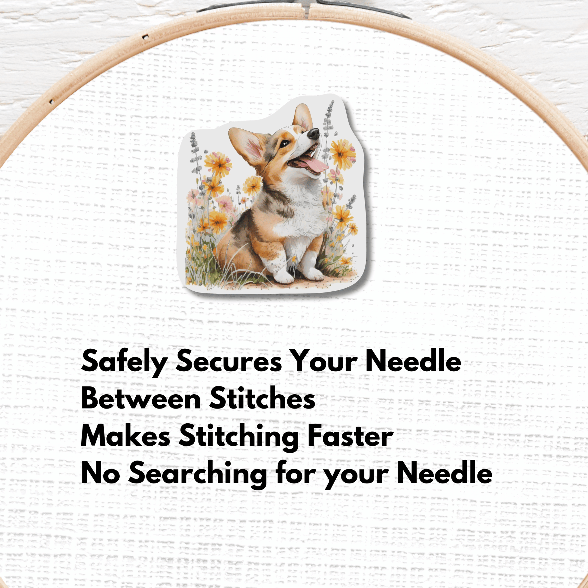 Cute Corgi Magnetic Needle Minder with Spring Flowers, Cross Stitch Needle Holder for Embroidery and Needlepoint