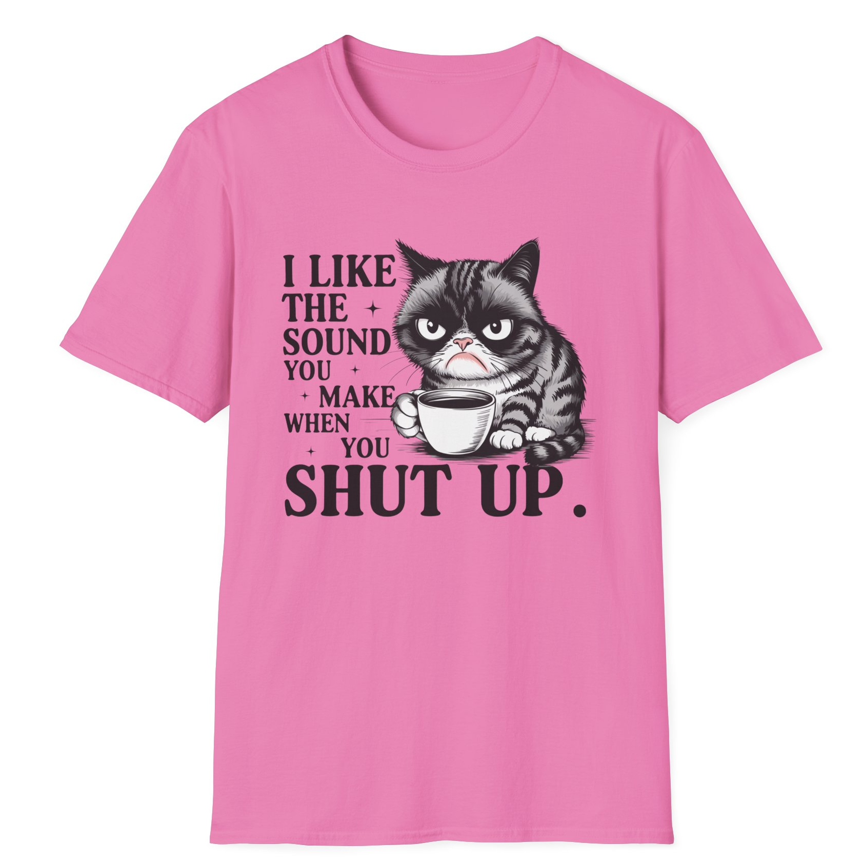 Funny T-shirt featuring a grumpy tabby cat holding a coffee mug with a tired expression – perfect for sarcastic coffee lovers and cat fans.