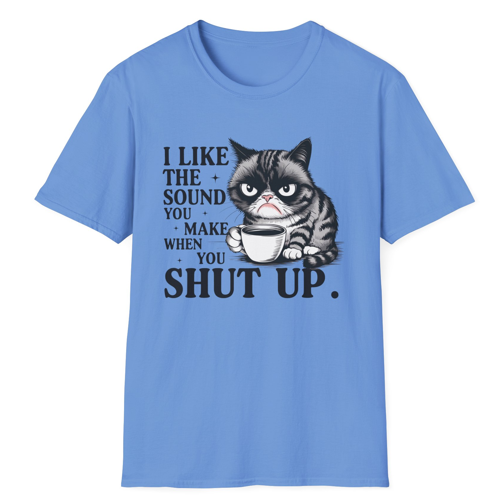 Funny T-shirt featuring a grumpy tabby cat holding a coffee mug with a tired expression – perfect for sarcastic coffee lovers and cat fans.