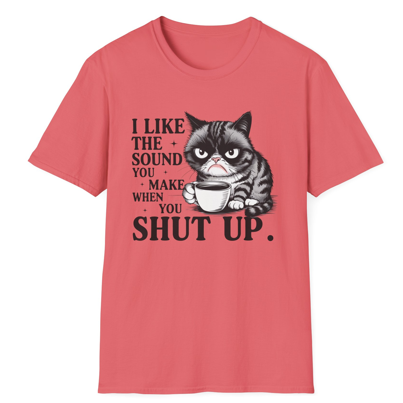 Funny T-shirt featuring a grumpy tabby cat holding a coffee mug with a tired expression – perfect for sarcastic coffee lovers and cat fans.